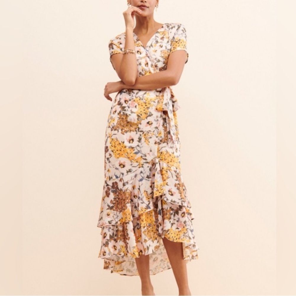 Anthropologie BHLDN Vone Batara Floral Tiered Wrap Maxi Dress Size Large